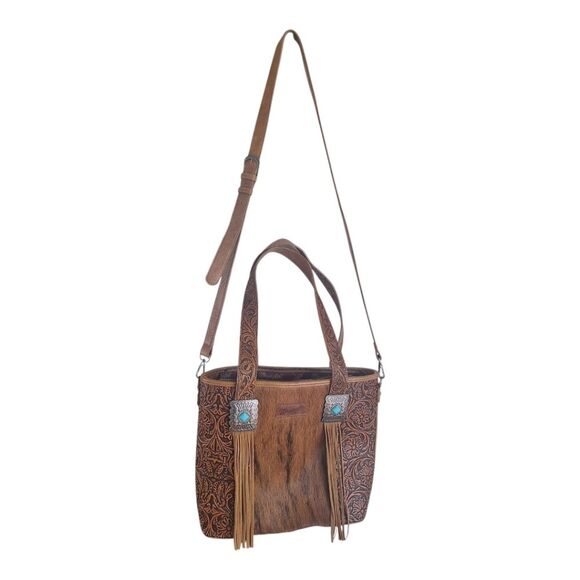 Wrangler Concealed Carry Tote Hair-on Cowhide Fringe Tooled Crossbody Bag Purse - Picture 6 of 16
